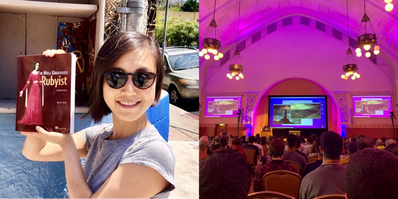 Fei with her book “The well-grounded Rubyist” and at a conference