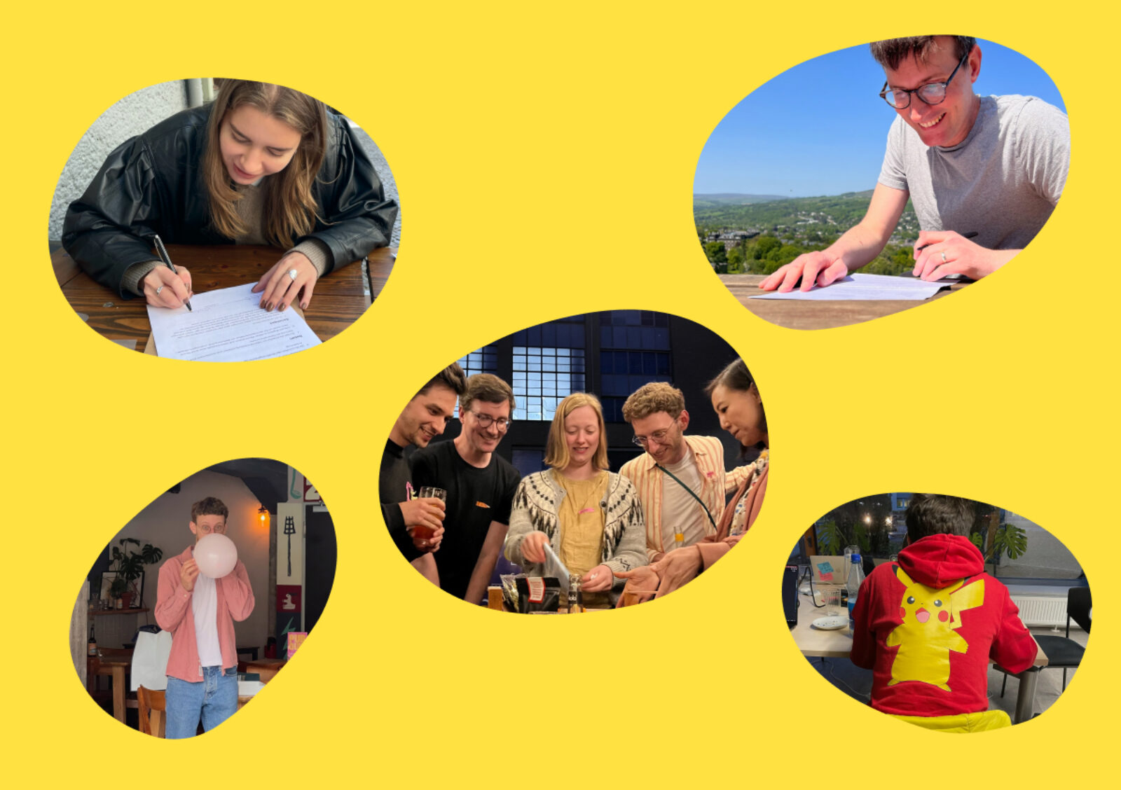 A collage of five photos, showing Sev and Julia signing their contracts, a group photo of the team at the anniversary party, Christoph blowing air into a balloon and Harry from the back with a giant Pikachu on his hoodie.