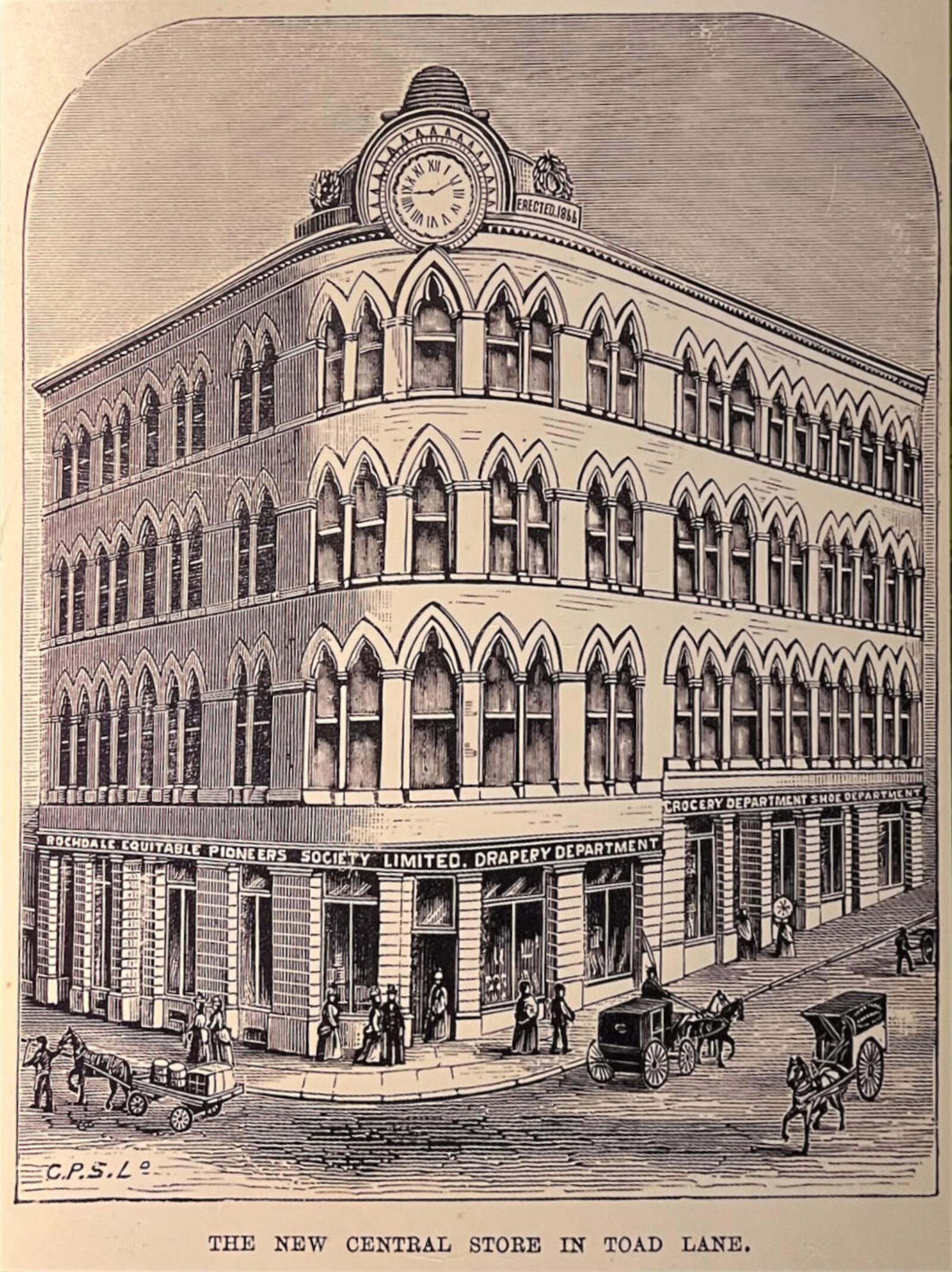 An illustration of “the new central store in toad lane” of the Rochdale Pioneers. Impressive store building, with arched windows, decorated and a beehive ornament at the top.