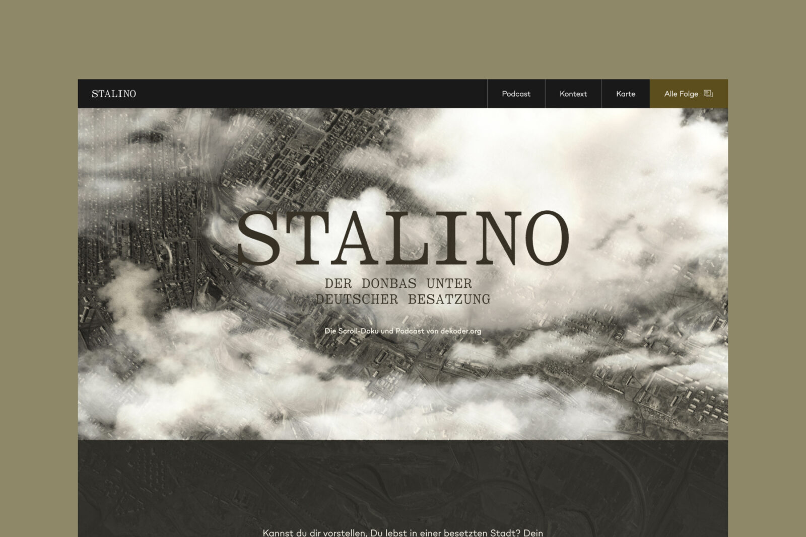 A screenshot showing the header of the project’s website, with aerial view of the city, and the title “Stalino” overlaid on top