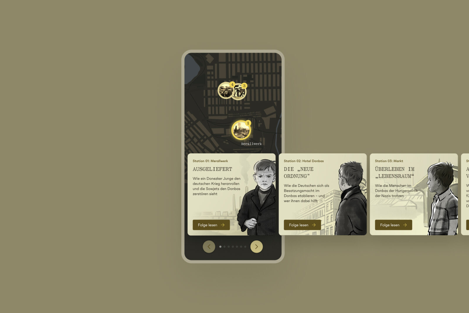 A screenshot of the mobile version of the site, with a horizontal carousel showing the story chapters