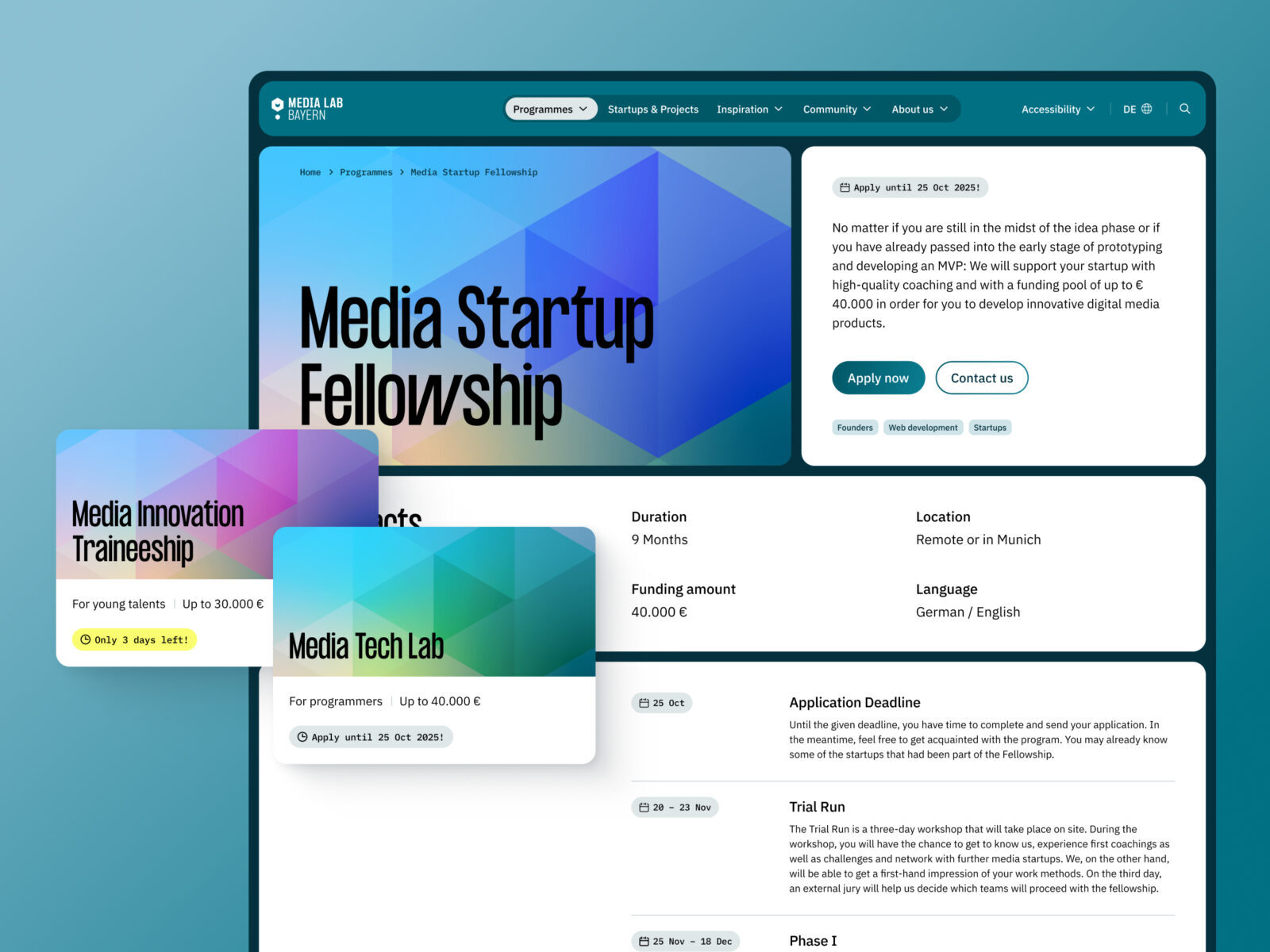 A collage of a few screenshots of Media Lab Bayern’s website, showing the page about their “Media Startup Fellowship” and two other program teasers floating above.