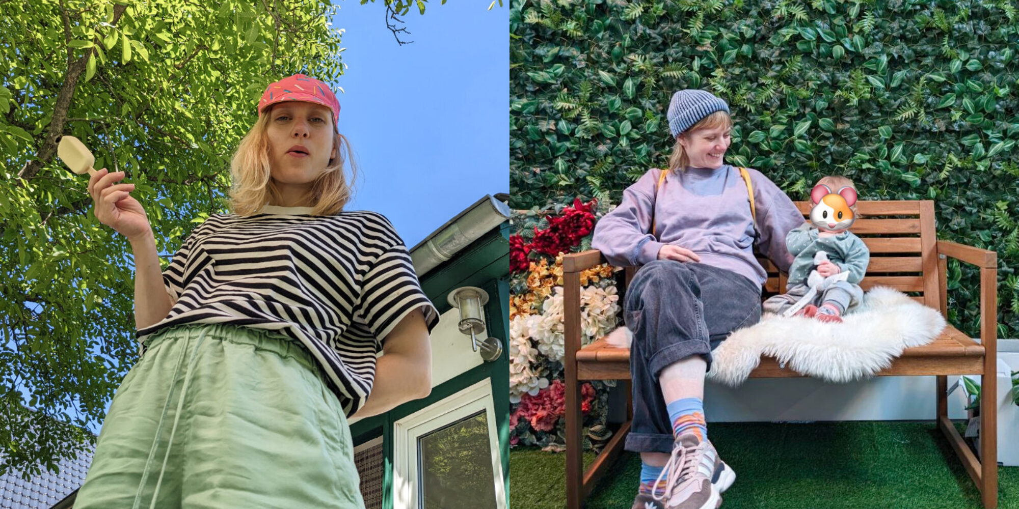 Two photos of Leslie, showing her in a summery setting eating ice cream, and also sitting on a wooden bench with her little daughter.