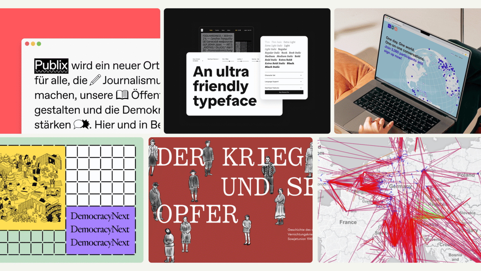 A colorful grid of several project impressions, among them Publix, TypeMates, The World Talks, Democracy Next and “Der Krieg und seine Opfer”