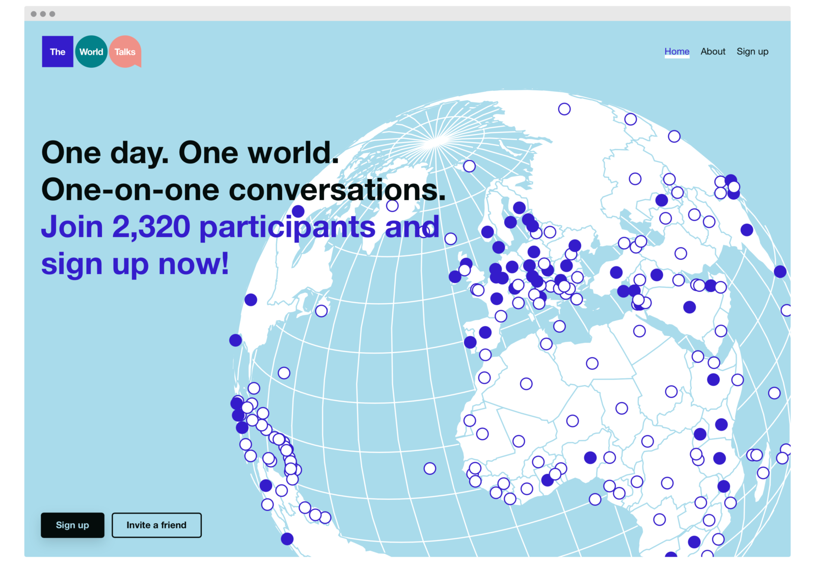 A screenshot of the website for The World Talks, showing a globe with dots for each country, some of them colored in. On top is a headline that reads “One day. One world. One-on-on conversations. Join 2,320 participants and sign up now!”