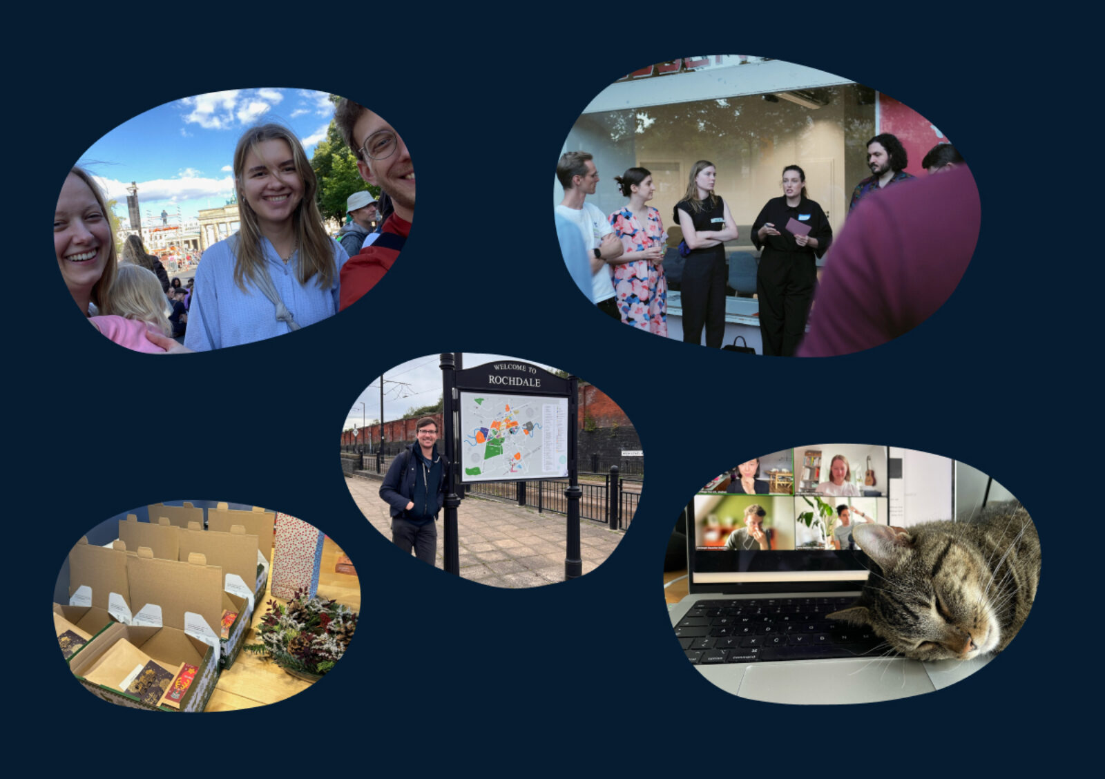 A collage of several photos, showing some of us at the global climate strike, a photo from one of the coop meetups, a photo of Christmas presents, Sev standing next to a sign saying “Welcome to Rochdale” and finally a photo of a laptop with a zoom call and a cat sleeping on the keyboard