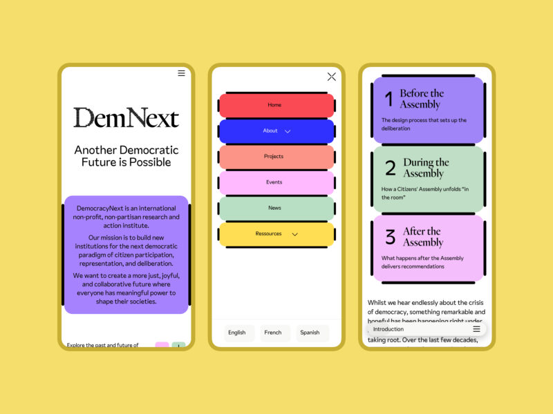 A collage of three colorful screenshots of mobile views from the DemNext website.