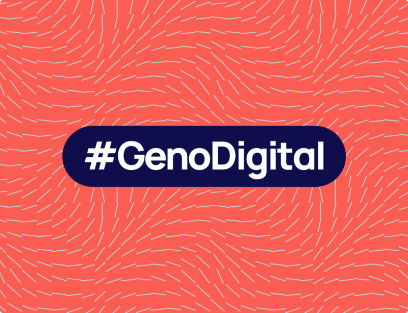 Graphic showing the “#GenoDigital” logo, stylized as a button, on top of a line-art pattern.
