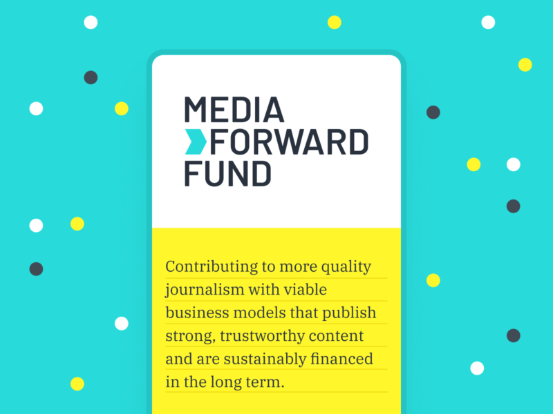 Abstracted mobile design depicting the visual identity of Media Forward Fund, set against a turquoise background with small, decorative polka dots.