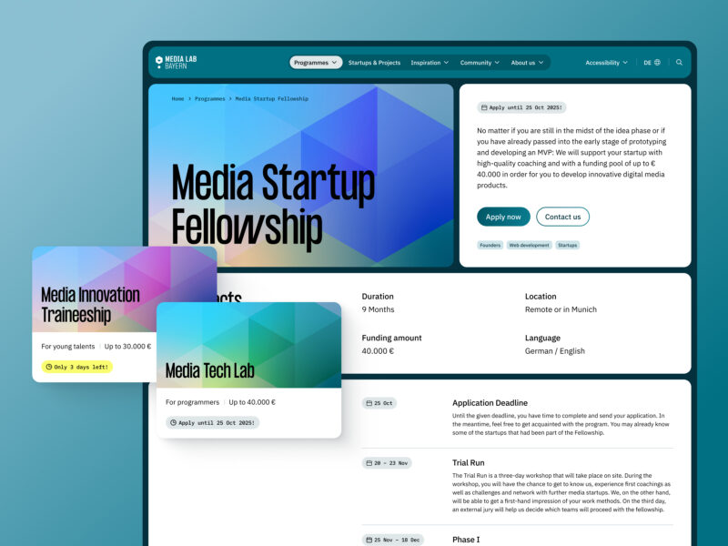 A collage of a few screenshots of Media Lab Bayern’s website, showing the page about their “Media Startup Fellowship” and two other program teasers floating above.