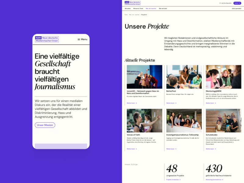 Neue deutsche Medienmacher*innen website shown on desktop and mobile screens.