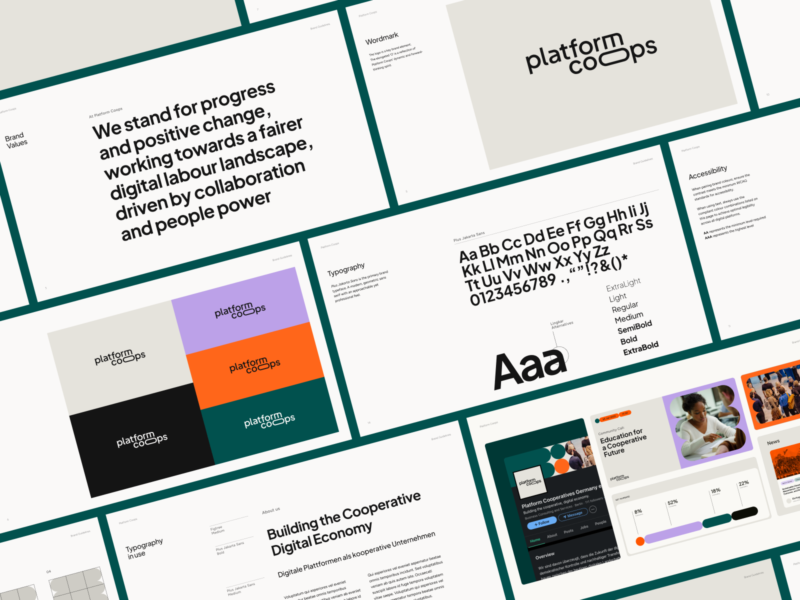 A grid of slides from Platform Coops brand guidelines, showcasing their visual identity system with colour and typography.