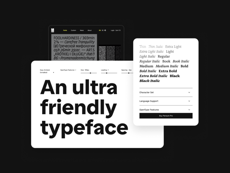 A collage of screenshots from the website typemates.com, showing a range of typefaces and very large text that reads “An ultra friendly typeface”