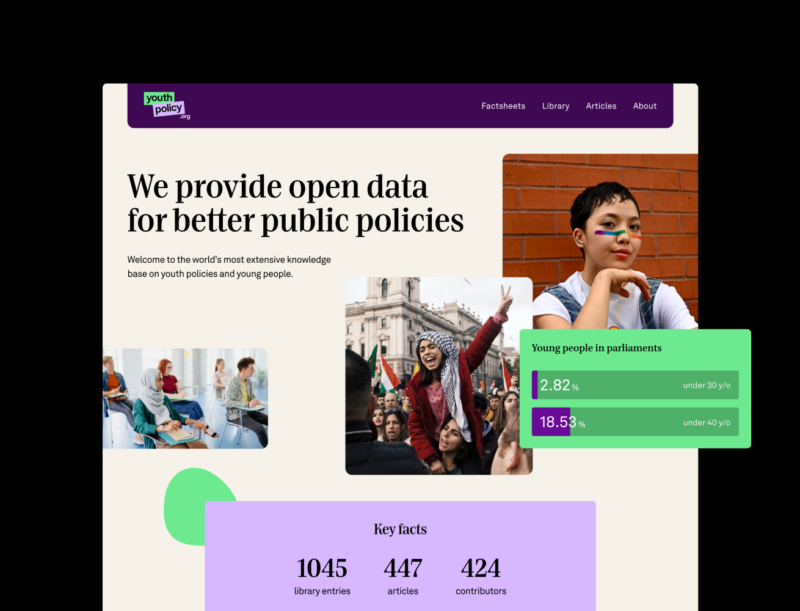 A collage of website screenshots from the new YouthPolicy.org website, with the headline “We provide open data for better public policies” clearly visible