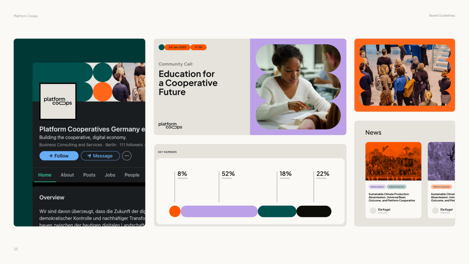 A collage of branding elements for Platform Coops, with several elements visible, such as a social media profile, a bar chart or news teasers … the most prominent headline says “Education for a Cooperative Future”