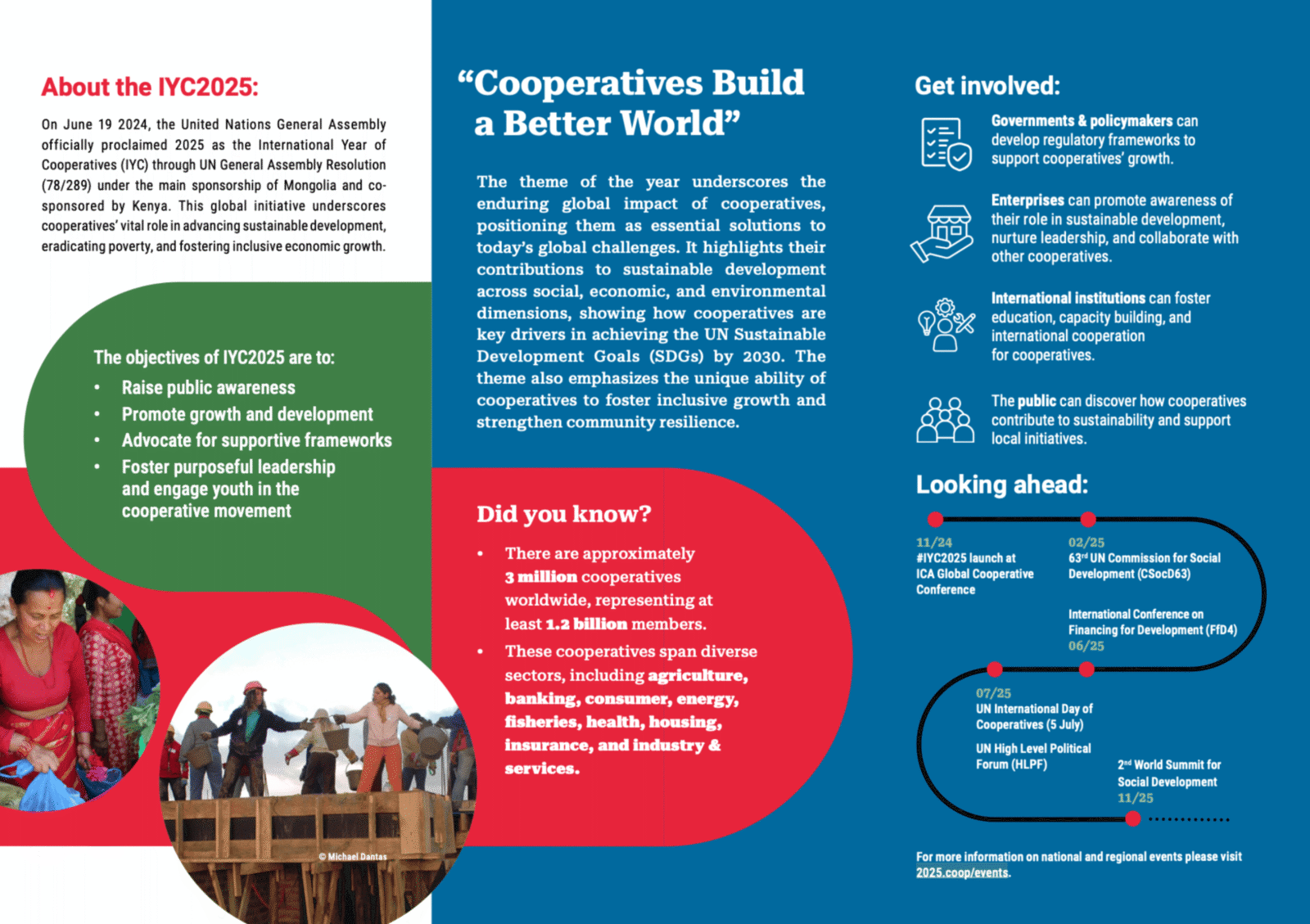 A screenshot from a brochure about the international year of cooperatives, under the main headline “Cooperatives Build a Better World”, with some trivia information, a timeline and steps about how to get involved