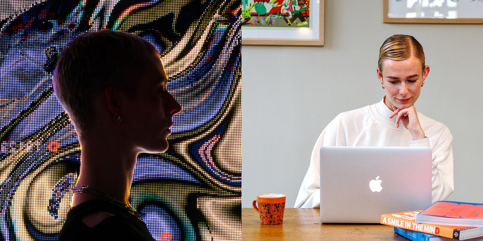 Left photo shows Meg standing in front of her audio-visual installation, and the right photos shows Meg working behind her laptop.