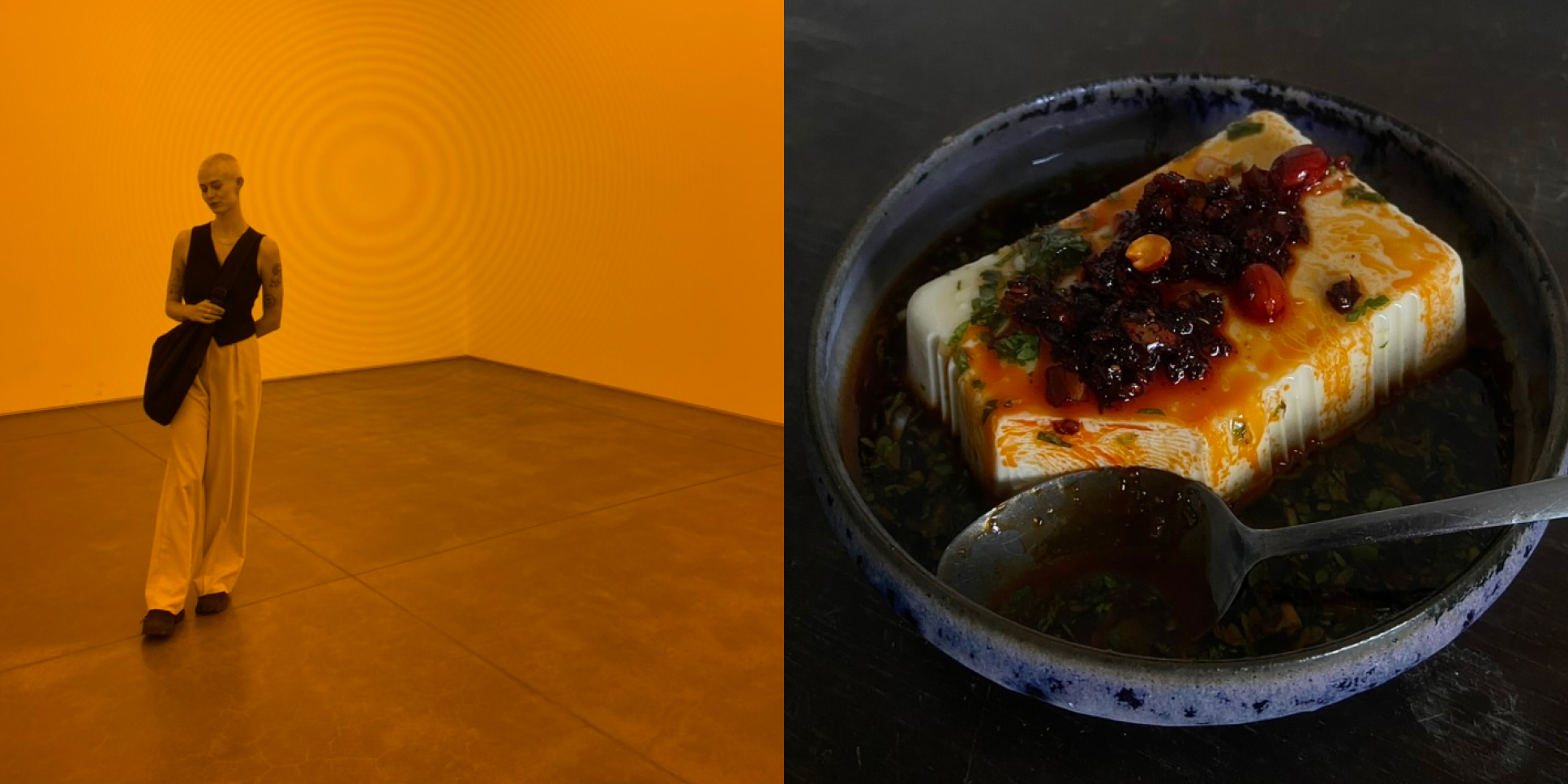 The left photo shows Meg visiting a gallery, while the right photo features a bowl of delicious-looking tofu.