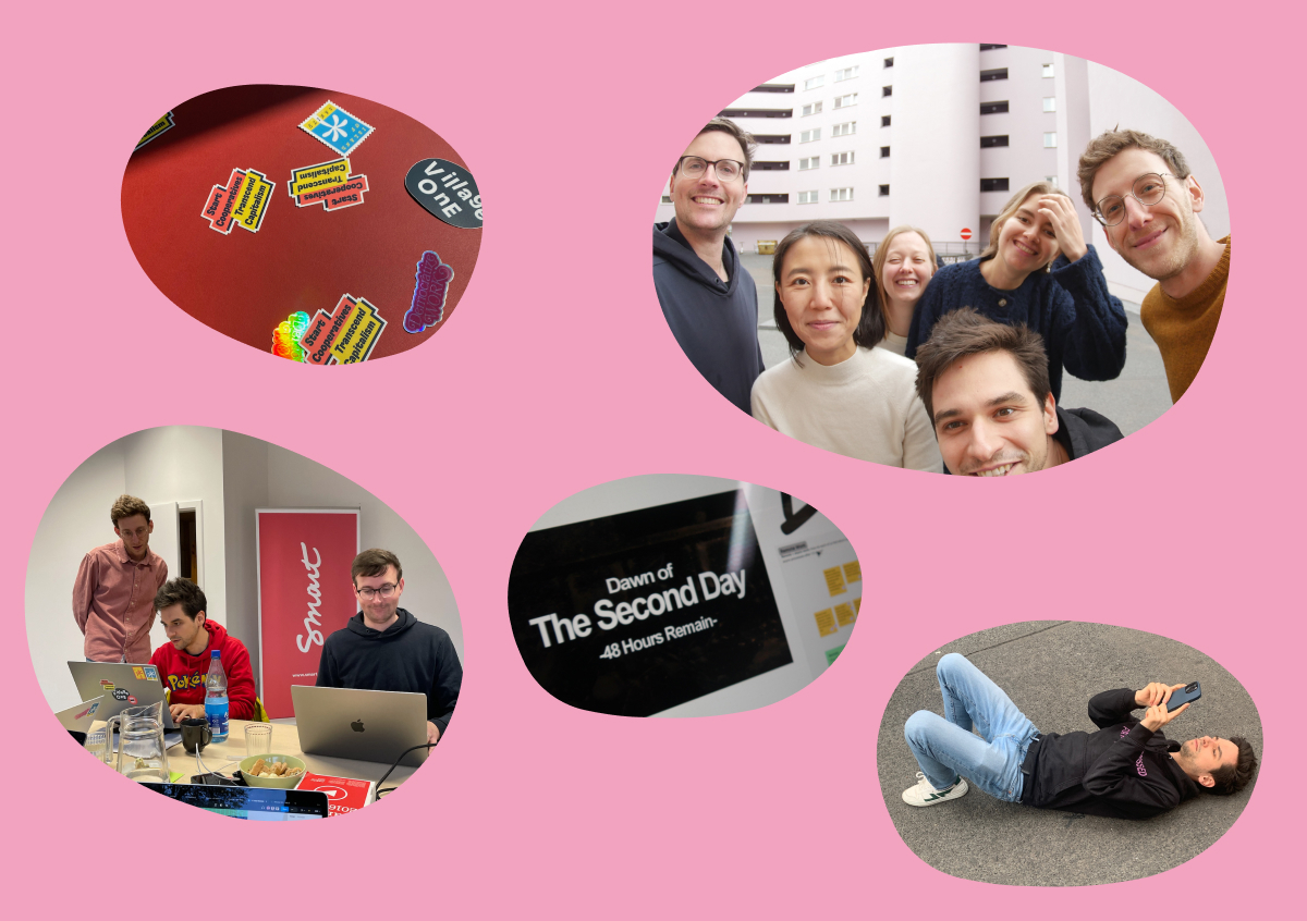 A photo collage of several pictures showing Village One stickers on a red surface, our whole team standing close together smiling at the camera, a scene with some of us working at a desk, a screenshot of a Figma board with the large text “The second day” visible and Harry lying on the floor looking at his phone